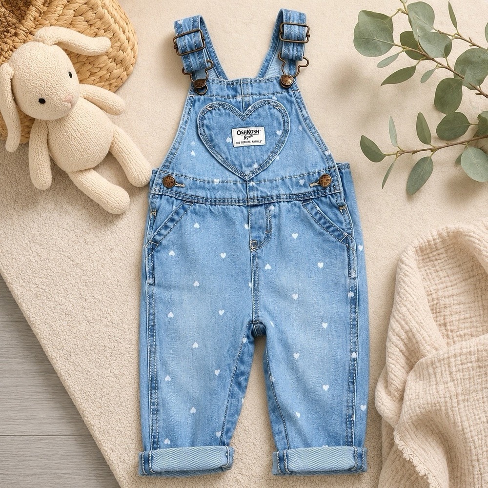 OshKosh B'gosh Baby Heart Print Denim Overalls 9M Blue Bib Carpenter Adjustable